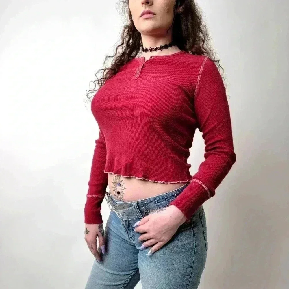 Vintage Y2K Cropped Frilly Long Sleeve Tee Shirt - L - Picture 3 of 7